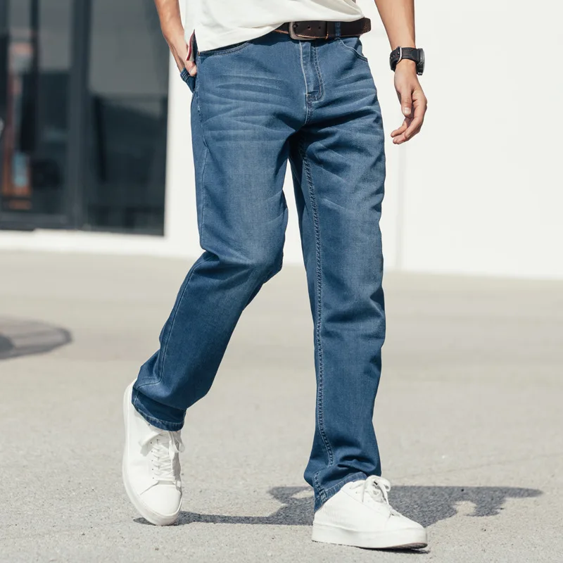 Summer Thin Section Men's Straight Large Size Loose Elastic Force Denim Jeans Blue Pants Hip Hop Leisure Streetwear Man Trousers