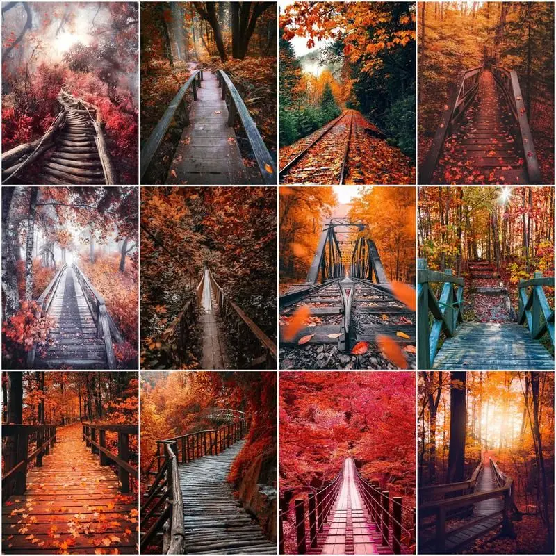 CHENISTORY pittura a olio dai numeri paesaggio autunnale per adulti disegno acrilico tela albero ponte di legno scenario immagine casa De