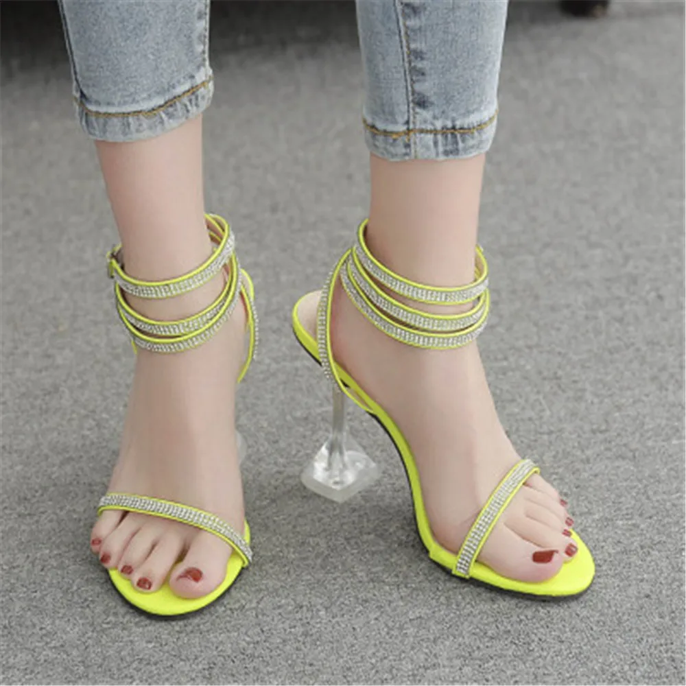 Glitter Rhinestone Summer Ladies Party Pumps Rome 9CM High Heels Sandals Women Cross Strap Shoes Peep Toe Perspex Heel Stilettos