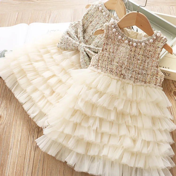 Baby Lace Pearl cake vest Dress Princess Puffy Maxi Sequined woolen Dress Girl Tulle Costumes Wedding Birthday