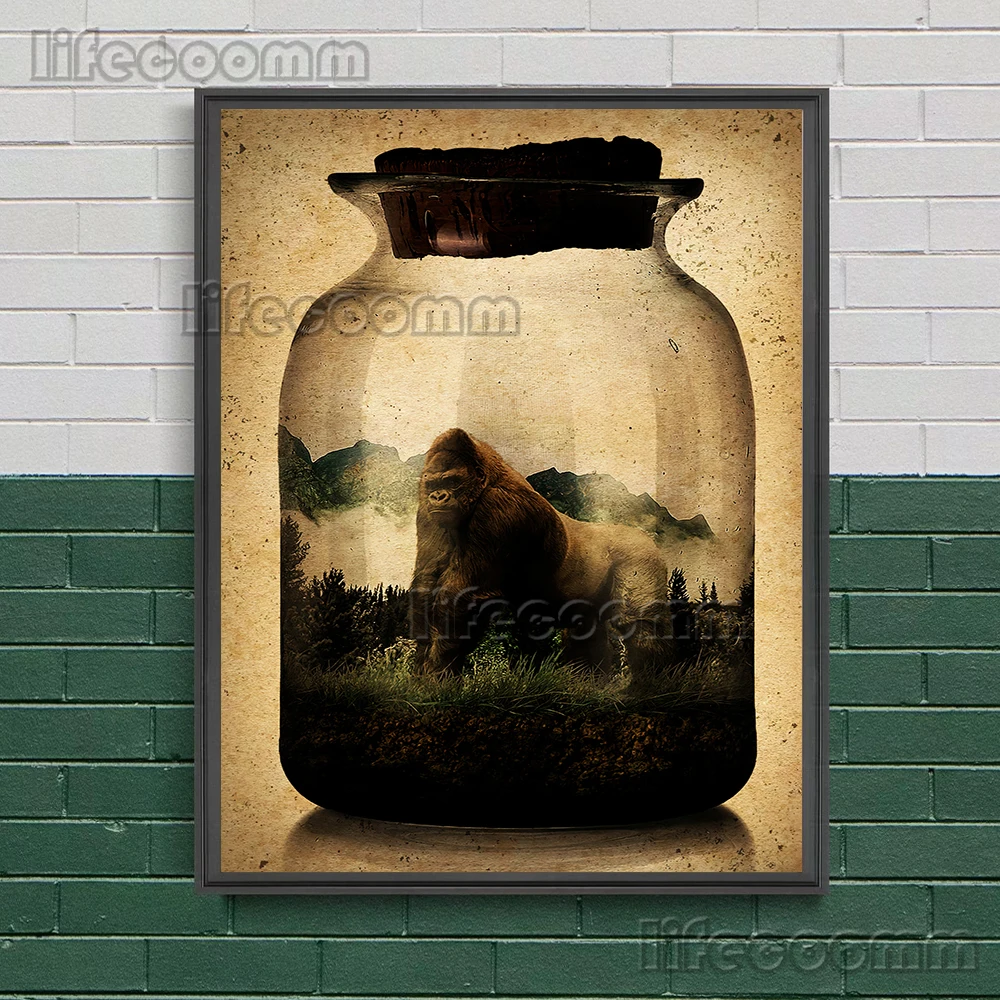 النظام البيئي في زجاجة الرسم على لوحات القماش الجدارية إنسان الغاب ، الدب القطبي ، السلاحف البحرية ، الباندا العملاقة ملصق فني وطباعة ديكور المنزل الفن