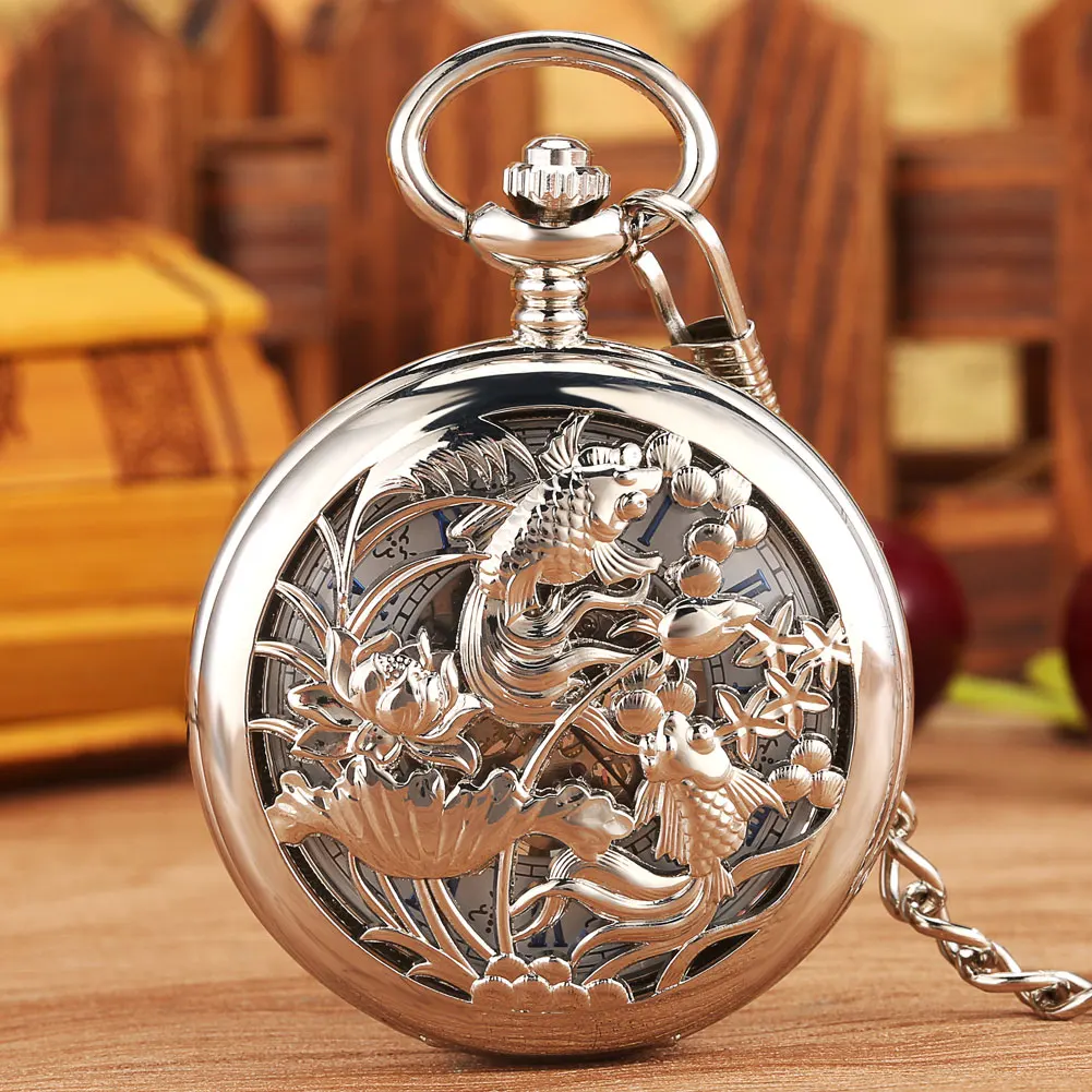 

Fashion Silver Pocket Watches Two Fish Openwork Manual Mechanical Pocket Watch Roman Blue Numerals Dial Pendant Necklace Clocks