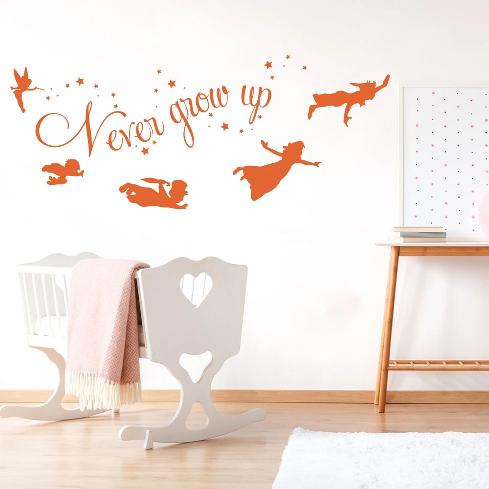 Cartoon Peter Pan Never Grow Up Quote Wall Decal Baby Nursery Kids Room Tinkerbell Star Wall Sticker Bedroom Vinyl Art P842