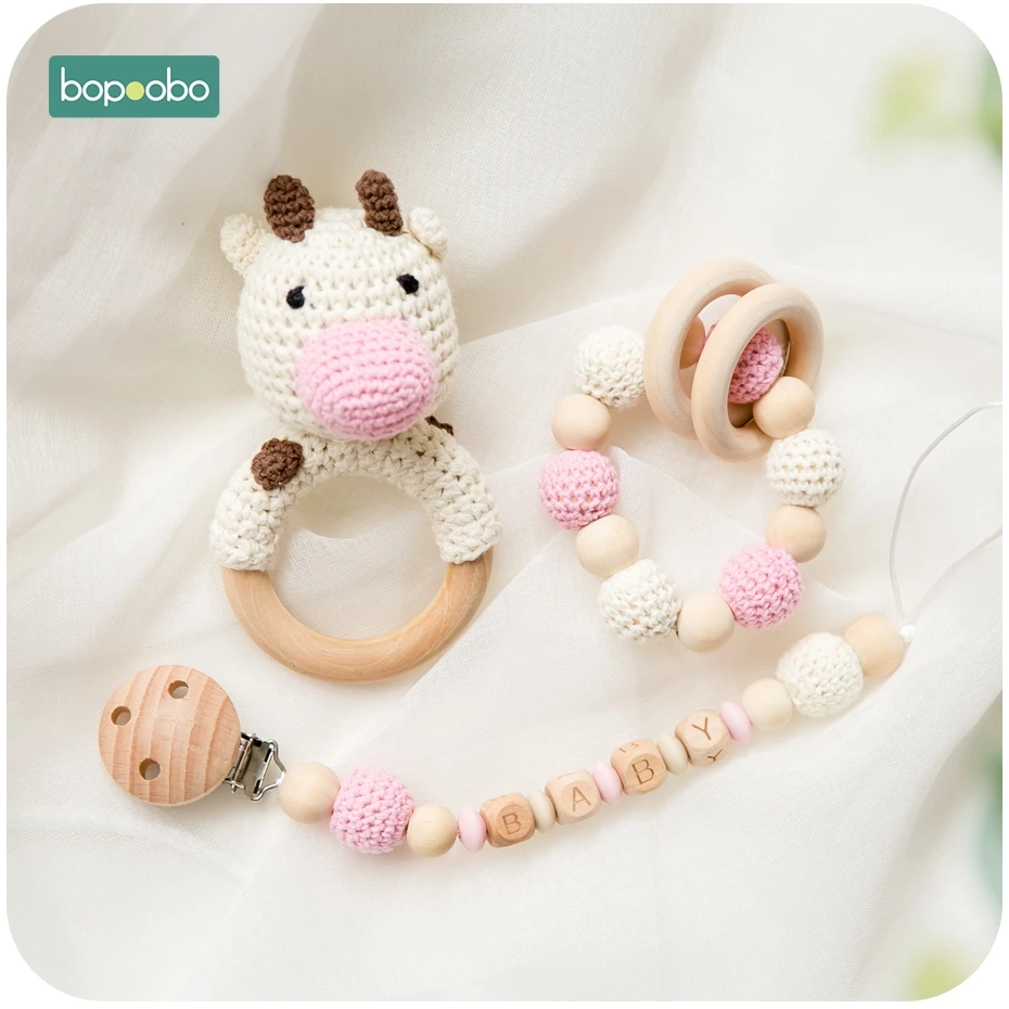 Bopoobo 1pc Baby Dummy Pacifier Chain Clip Crochet Toys Soother Nipples Holder DIY Wooden Rattle Newborn Toy Feeding Accessories