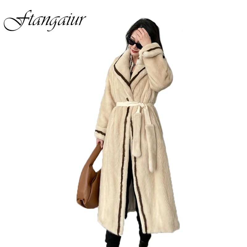 

Ftangaiur Winter Import Purple Label Velvet Mink Fur Coat Women Turn-Down Collar X-Long Natural Real Mink Fur Coats