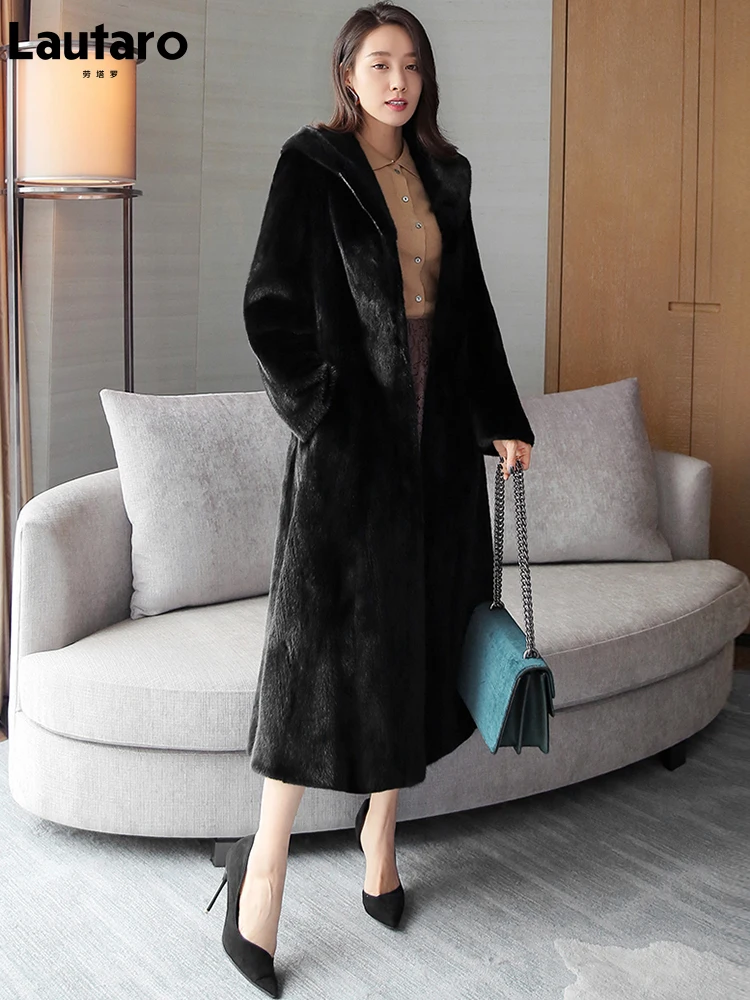 Lautaro Winter Maxi Black Warm Fluffy Faux Mink Fur Coat Women with Hood Long Sleeve Skirted Elegant Luxury Korean Fashion 2021