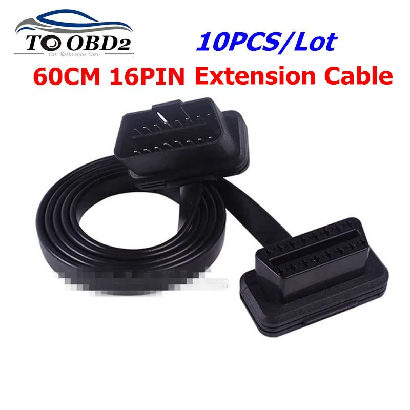 10pcs/lot 60CM 16Pin OBDII OBD 2 OBD2 Extension Cable Connector Diagnostic-Tool Adapter Flat Thin As Noodle Male to Female