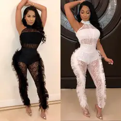 BKLD Rompers Womens Jumpsuit Fashion New Feather Lace Patchwork 2019 Clothes Woman Summer See Through Black Sexy Club Jumpsuits