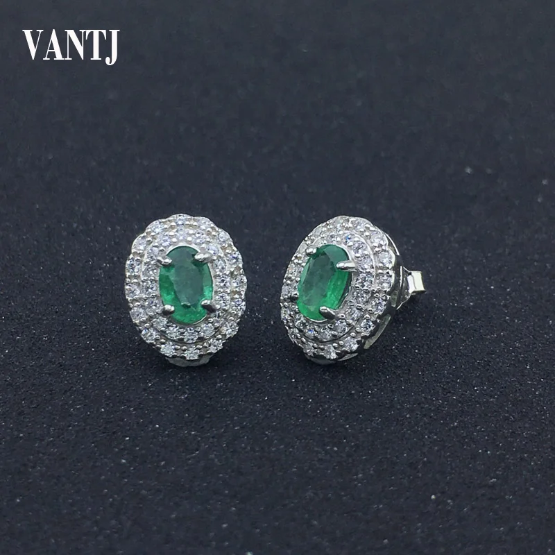 VANTJ Classic Natural Emerald Stud Earring Sterling 925 Silver Fine Jewelry Women Lady Party Wedding Gift Box Free shipping