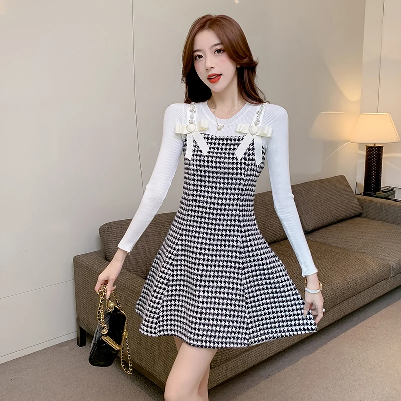 

Autumn Women Two Piece Set Dress White Knit Sweater +Houndstooth Plaid Suspender Beaded Tweed Dress Suits