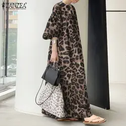 Fashion Leopard Maxi Dress Women's Spring Sundress 2023 ZANZEA Casual Puff Sleeve Long Vestidos Female V Neck Printed Robe Femme