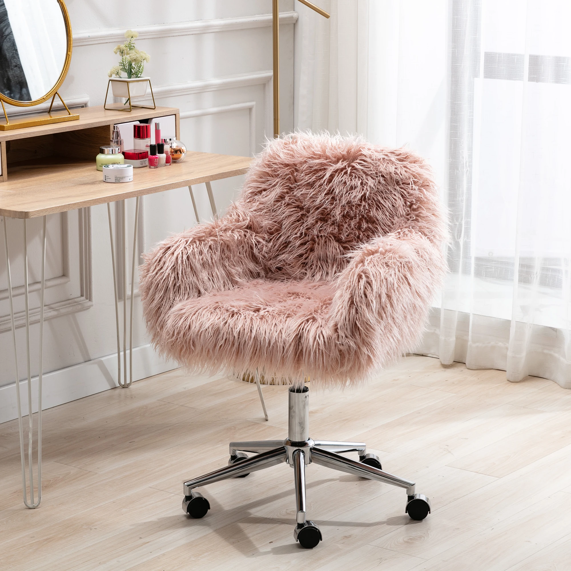 Home Office Computer Chair Faux-Fur Chrome Base Adjustable Tasks Swivel Executive Chair for Study Work Soft Pink[US-Stock]