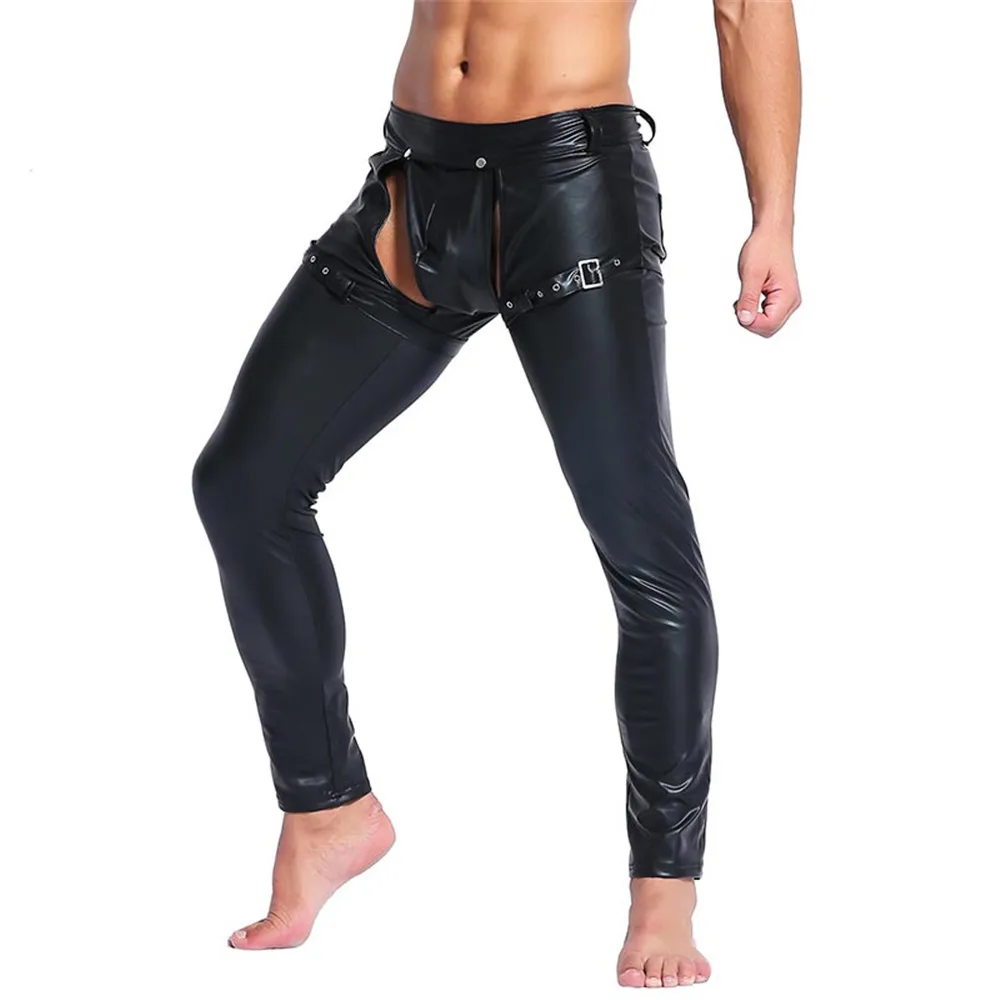 Pantalones ajustados de piel sintética para hombre, mallas sexys para discoteca, cuero PU, bailarina negra, pantalones largos con frente abierto