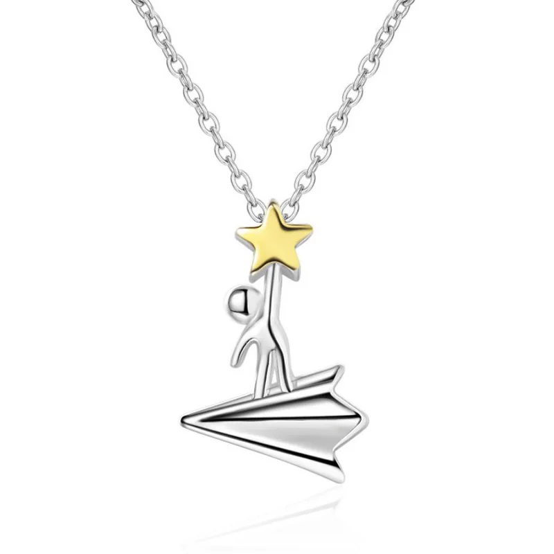 KOFSAC Chic 925 Sterling Silver Necklaces For Women Jewelry Trendy Two-Color Pick the Star Paper Airplane Necklace Girl Gifts