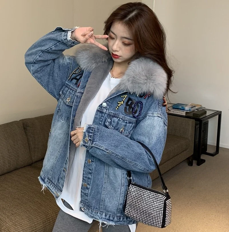 

Warm Winter Fleece Liner Faux Fur Collar Denim Jacket Women Loose Fit Jean Coats Graphic Diamonds Printed Casual Outerwear Tops