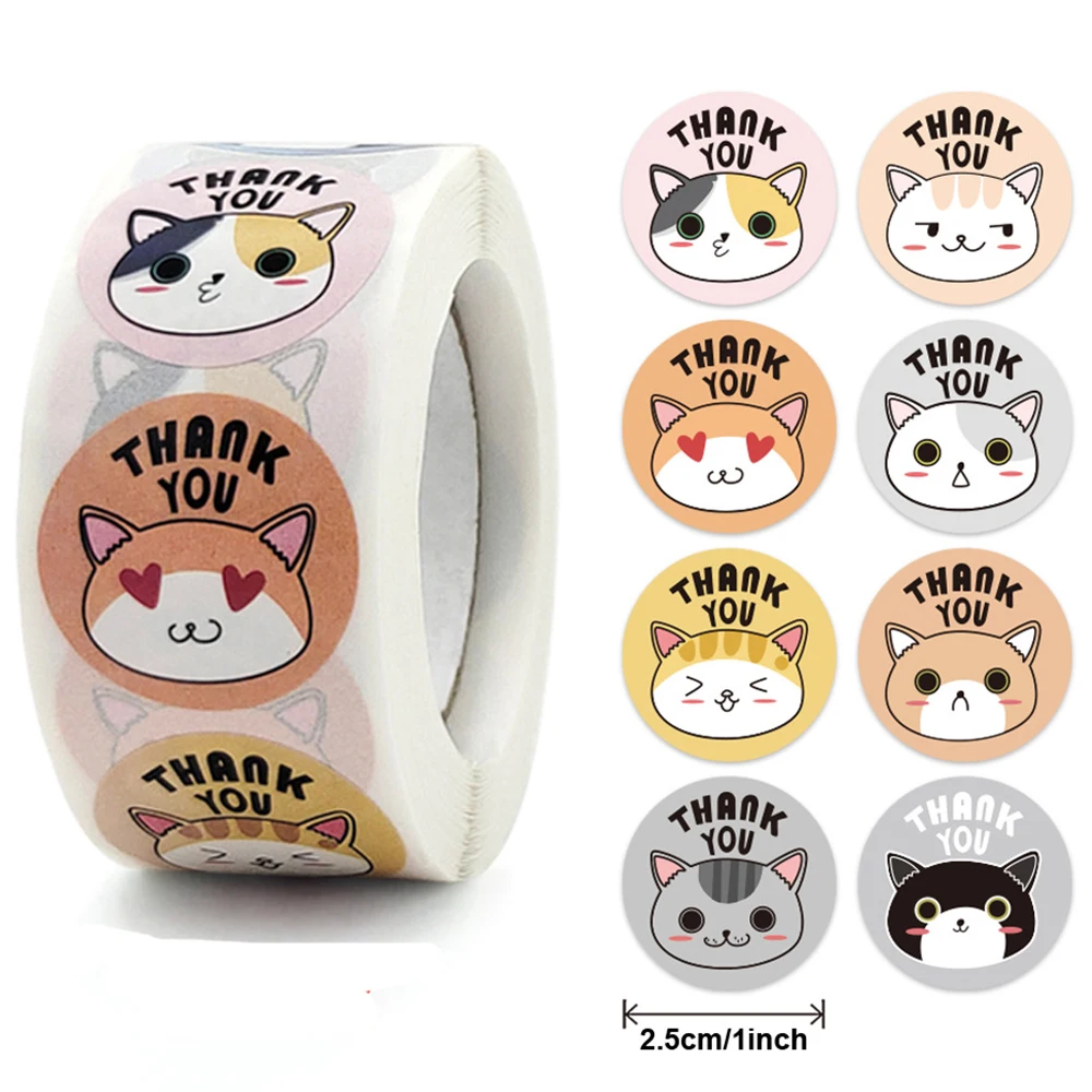 100-500PCS Cute Animal Children Stickers Thank You Stickers Decor Cat Frog Pig Circle Roll Seal Label Chrome Paper Gift Tag