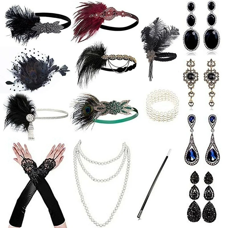 1920s Cosplay Halloween Gatsby Accessories Headband Necklace Gloves Cigarette Holder Flapper Costume Accessories Set for Women