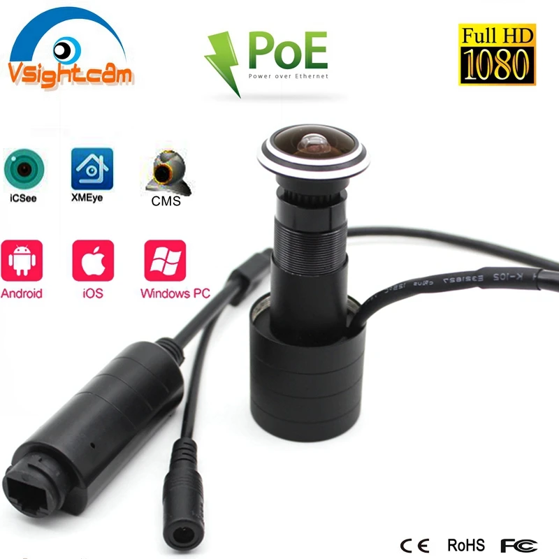 

Vsightcam POE Power Door Eye Hole IP Camera 1.78mm Wide Angle FishEye Lens 1080P HD Mini Peephole CCTV Web Security Camera Audio