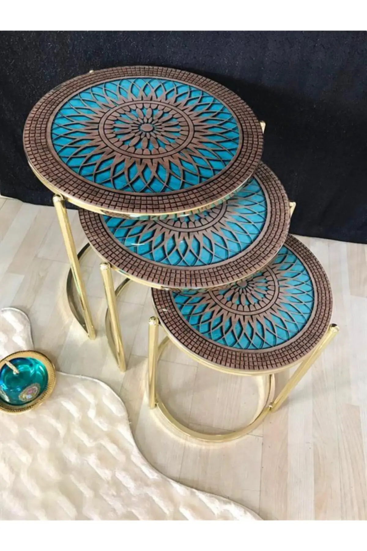 Lux 3 pcs Zigon Coffee Table Set (Gold Metal Toe Over Patterned Glass)