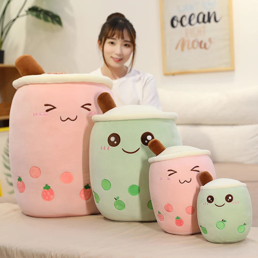 Cute Cuddling Cartoon Fruit Bubble Tea Cup Shaped Pillow with Suction Tubes Real-Life Stuffed Soft Back Cushion Funny Boba Food