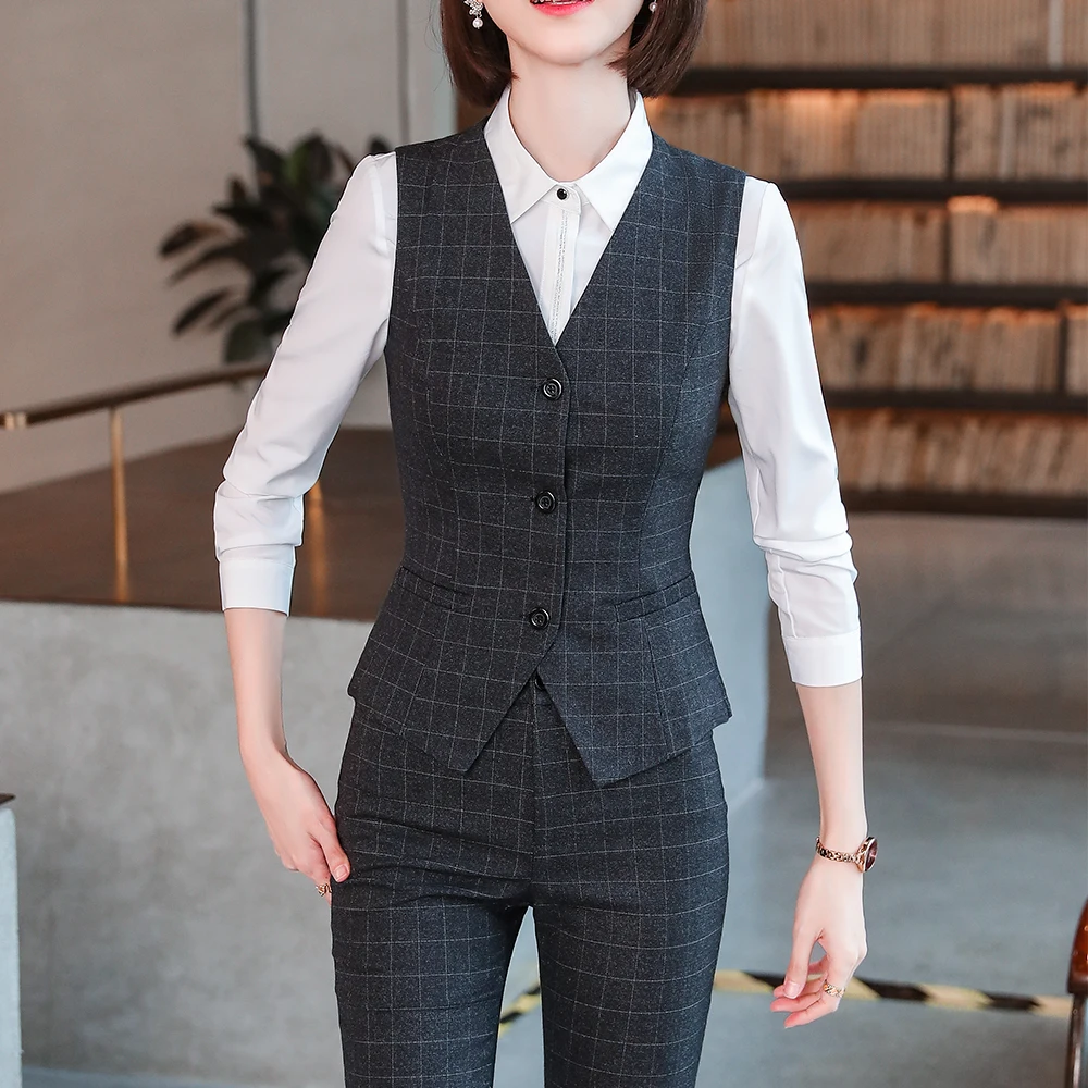 Women Slim S-4XL Pant Suit Sleeveless Gray Blue Plaid Vest Blazer and Trousers Two Pieces Set for Office Ladies Work Wear