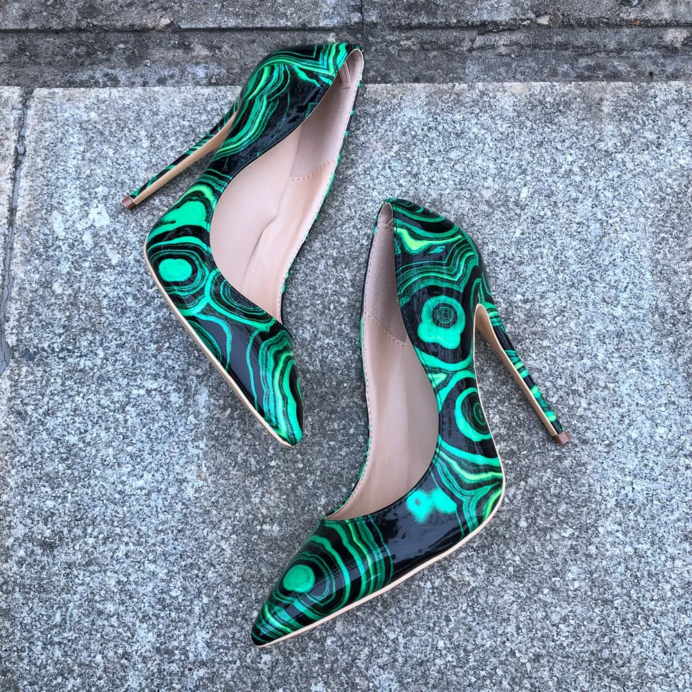 Tikicup Women Green Floral Print Patent Pumps Slip On Pointed Toe Stilettos Ladies Sexy Patterned High Heel Party Dress Shoes view 5