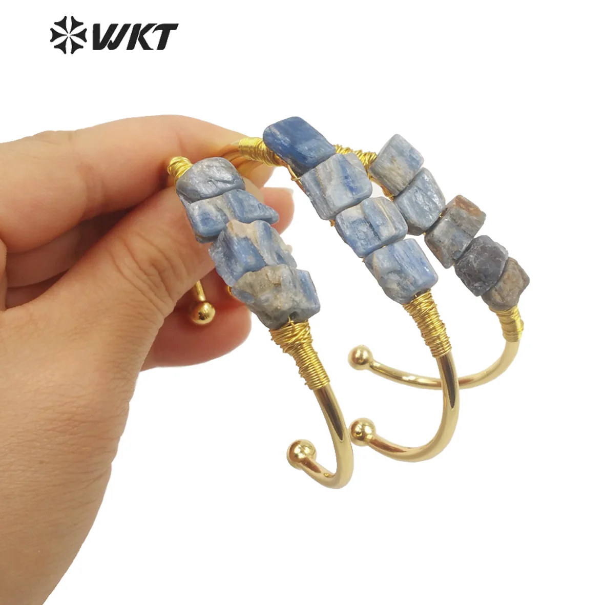 

WT-B596 WKT Fashion Gold Plated Open Bracelets Natural Stones Blue Kyanite Cuff Bangles Chic Lady Jewelry Making