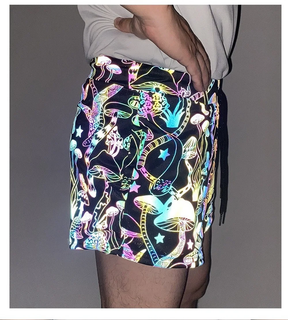 PARKLEES Mushroom Printed Colorful Reflective Mens Shorts Shiny Hip Hop Dance Fluorescent Shorts for Men Night Sporting Joggers