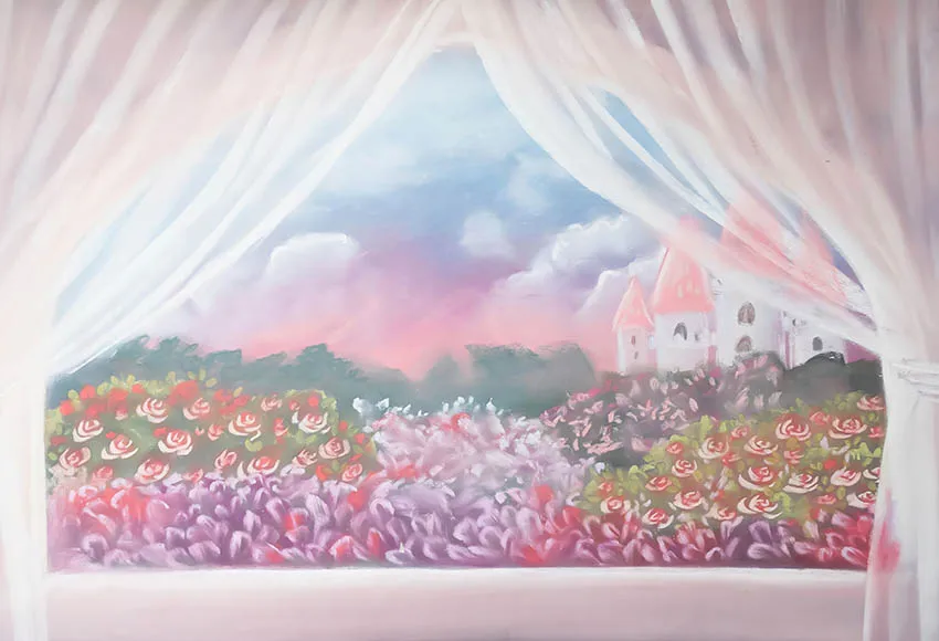 Avezano pintura jardim pano de fundo janela rosa cortina flores castelo céu recém-nascido aniversário retrato fotografia fundo decoração
