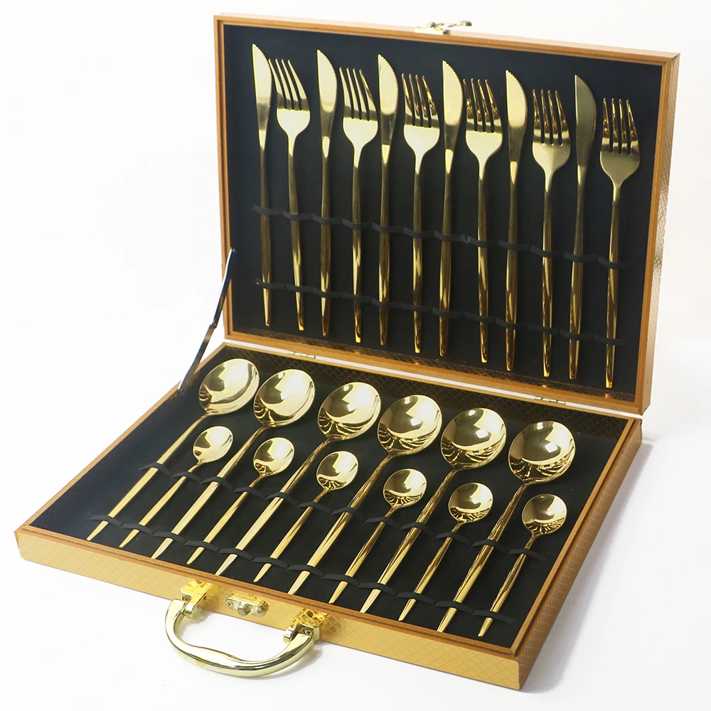 Cutlery Collection Case Gift Box For 24 Pcs Tableware Set Antioxidative Wooden Gift Box Gold Black Storage Box