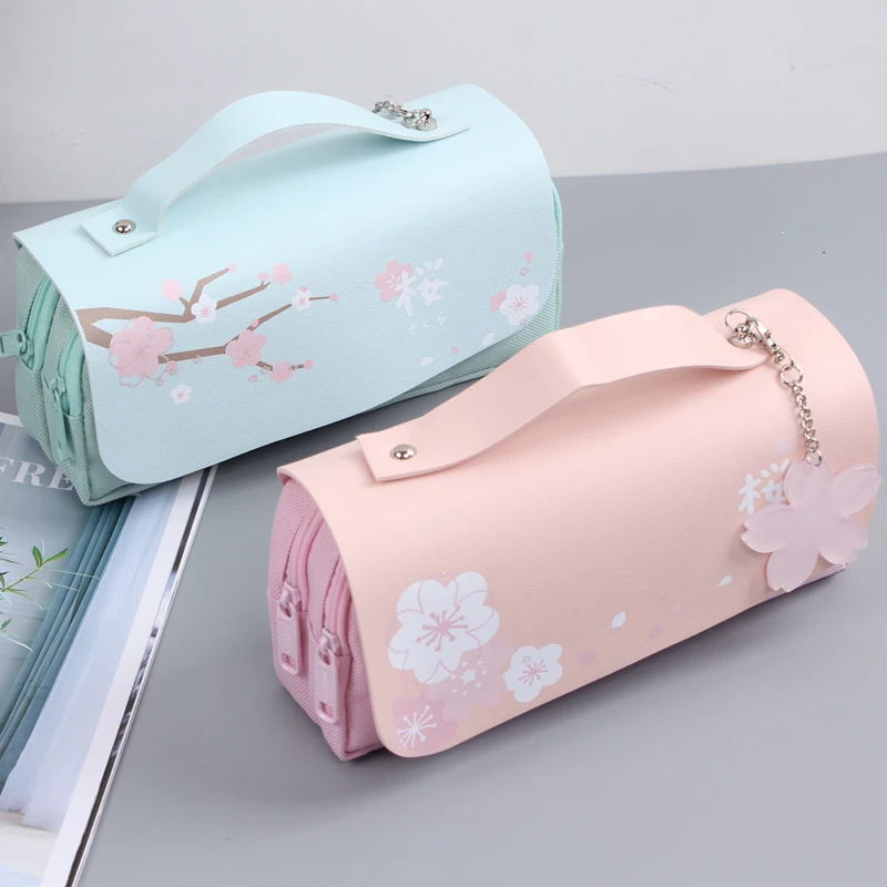 Sakura Potlood Tas Pu Lederen Pen Case Kawaii Briefpapier Heerser Pouch Voor School Meisje Zoete Pennen Houder Geschenkdoos Bloemen opslag