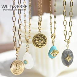 Gold Plated DIY Star & Eye Pendant Necklace For Women Girls Stainless Steel Square Chain Natural Stone Charm Necklaces Wholesale