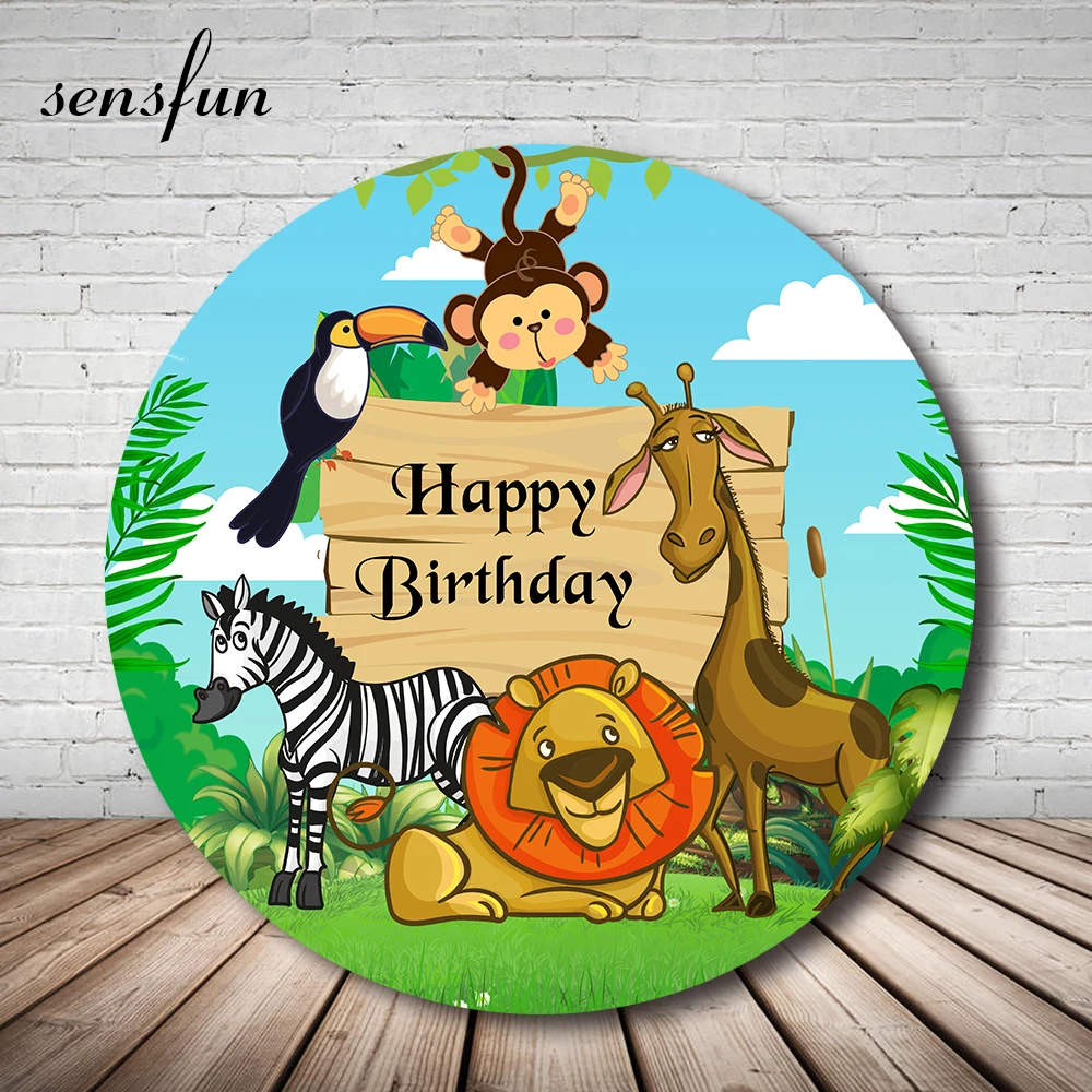 

Sensfun Safari Jungle Boys Birthday Party Round Backdrops Wild Animals Lion Monkey Kids Cartoon Circle Photography Backgrounds