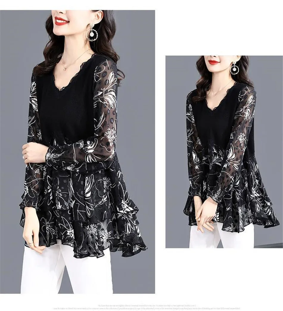 Spring Autumn Women Elegant Blouses Long Sleeve V-Neck Casual Ladies Fashion Temperament Splice Tops Blusas MM1456