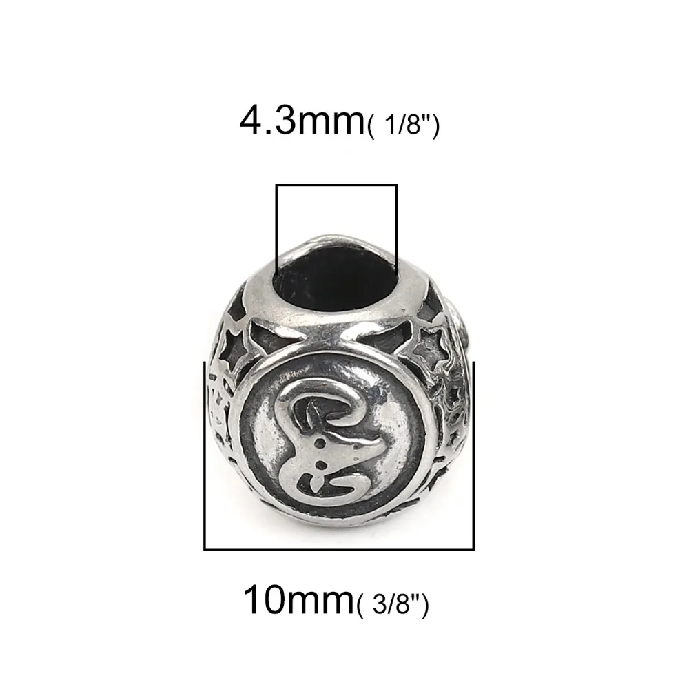 Doreen Box 304 Stainless Steel Sign Of Constellations Series Spacer Beads Silver Color Beads 10mm Dia., Hole: Approx 4.3mm, 1 PC