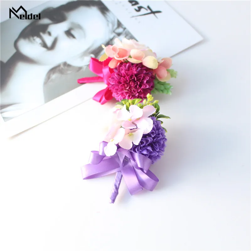 Meldel Trắng Tím Cưới Vòng Tay Cho Phù Dâu Cưới Xòe Chân Hoa Hoa Hồng Lụa Chú Rể Boutonniere Corsages Cưới