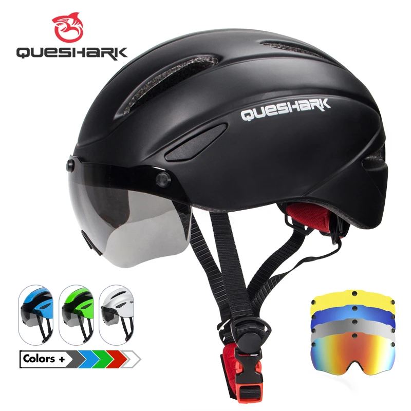 QUESHARK Men Women Cycling Helmet MTB Road Bike Bicycle Motorcycle Riding Removable Yellow Colorful Lens Safely Cap QE107