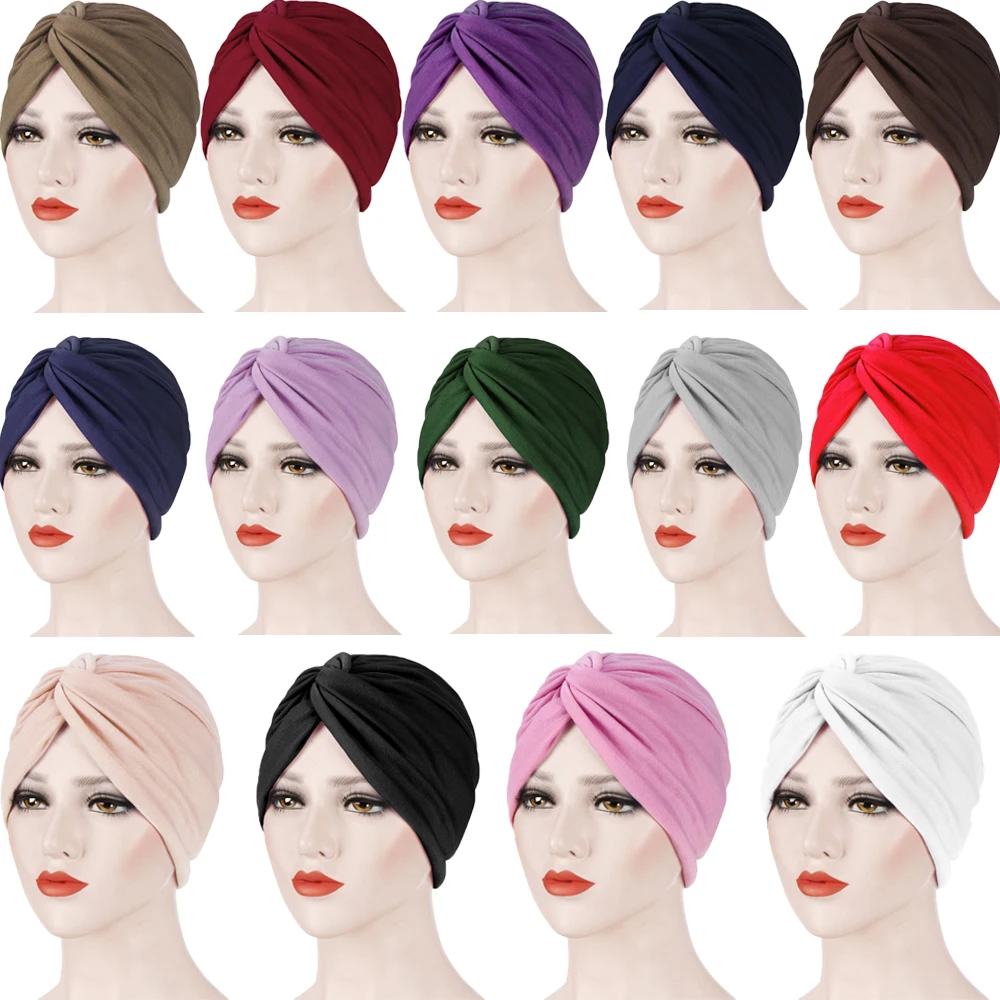 2022 heiße Bandanas Frauen Stretchy Turban Muslimischen Hut Stirnband Warp Weibliche Chemo Hijab Verknotet Indische Kappe Erwachsene Kopf Wrap für Frauen