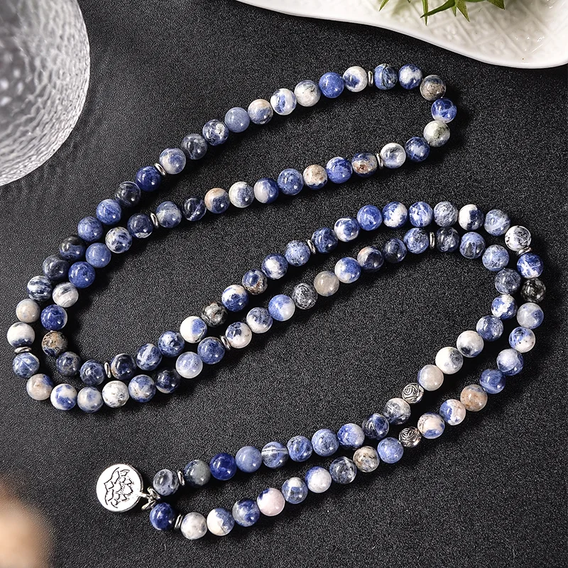 

8mm Natural Blue Sodalite Beaded 108 Mala Bracelet Meditation Yoga Healing Jewelry with Lotus Charm Men's and Women's Bangle