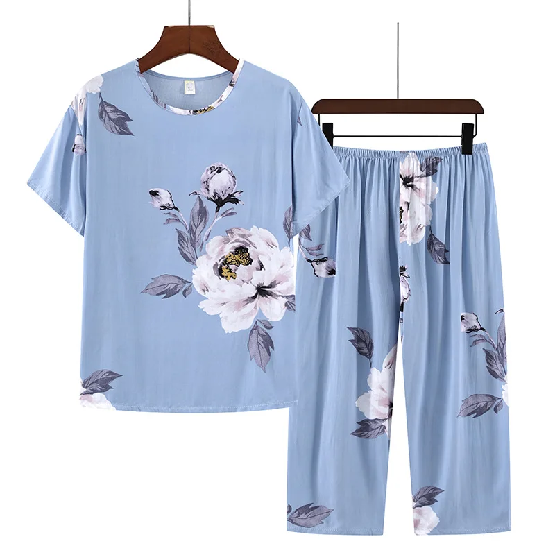 Fdfklak XL-4XL Plus Size Sleepwear Women Pajamas Set Night Suit For Mother Summer Fashion Pyjama Femme Floral Printing