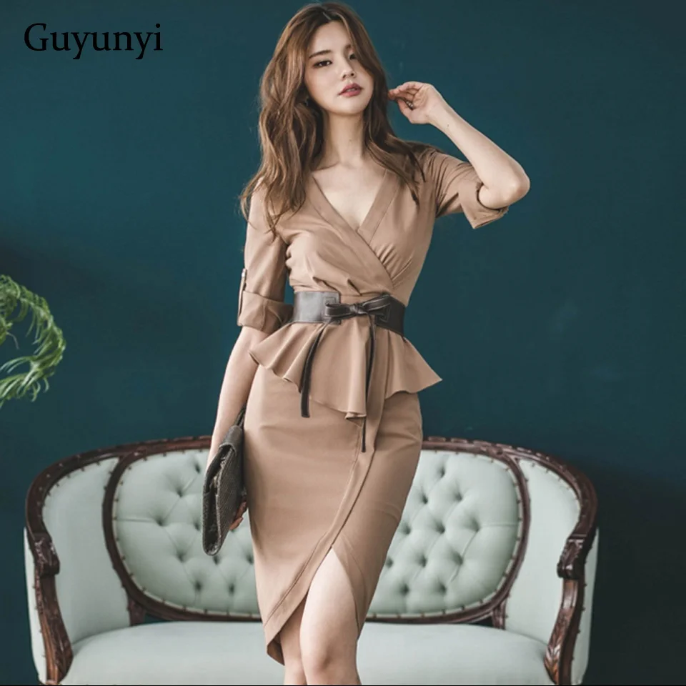 

High Waist Tight Office Lady Dress Spring Plain V-Neck 3/4 Sleeves Adjustable Decorative Ruffles Send Belt Elegant Party Dress