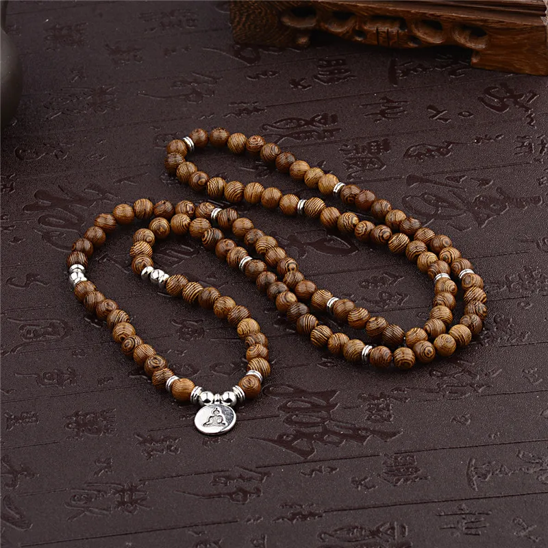 Unisex Women Men Yoga 108 Beads Rosary Bracelet Natural Sandalwood Buddhist Buddha Wood Prayer Beaded Lotus OM Bracelets Jewelry