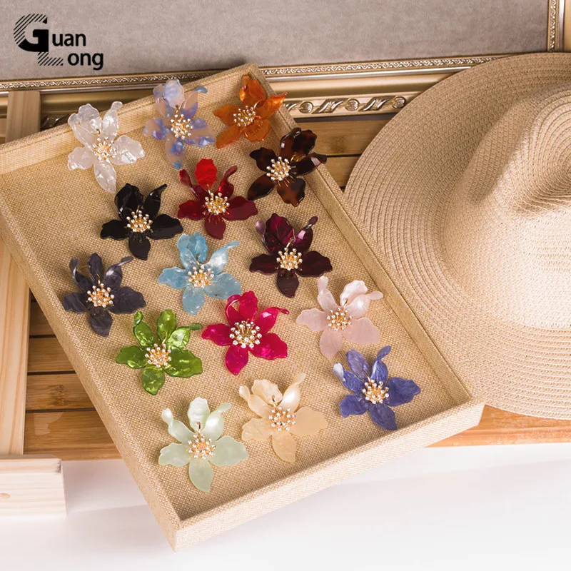 GuanLong Hot Sales Fashion Big Flowers Earrings For Women Bohemian Boho Ethnic Acrylic Cystal Dangle Drop Earrings Ear Jewelry