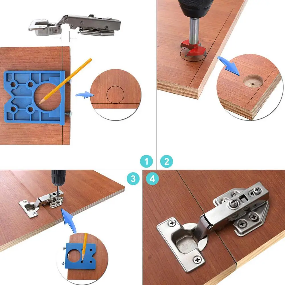 Imagem -04 - Localizador de Buraco de Dobradiça Dyna-livre Dobradiça Escondida Perfuração Gabarito Forstner Bits Conjunto para Placas de Montagem de Dobradiça de Armário Carpintaria 35 mm