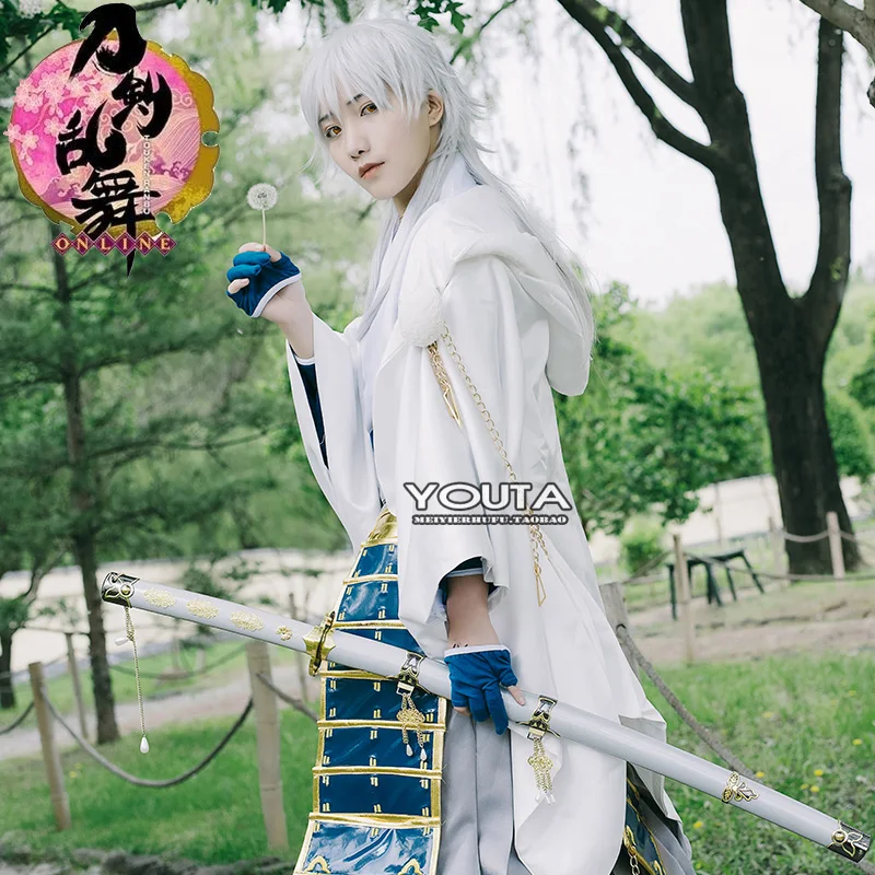 Anime Touken Hot Selling Tsurumaru Kuninaga Cosplay Full Set Touken Ranbu Online White Samurai Polyester Costume wig shoes