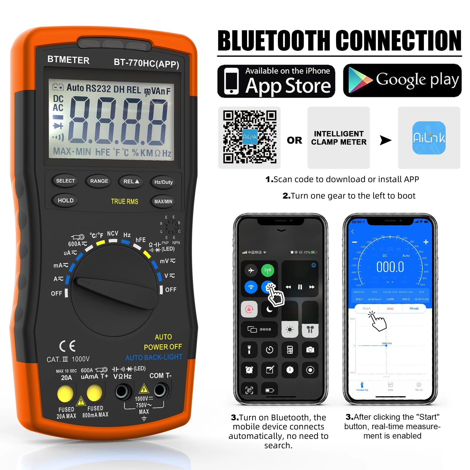 BTMETER BT-770HC-APP Multimetr cyfrowy True RMS 6000 zliczeń Automatyczny zakres napięcia AC/DC Prąd z aplikacją Bezprzewodowy Bluetooth