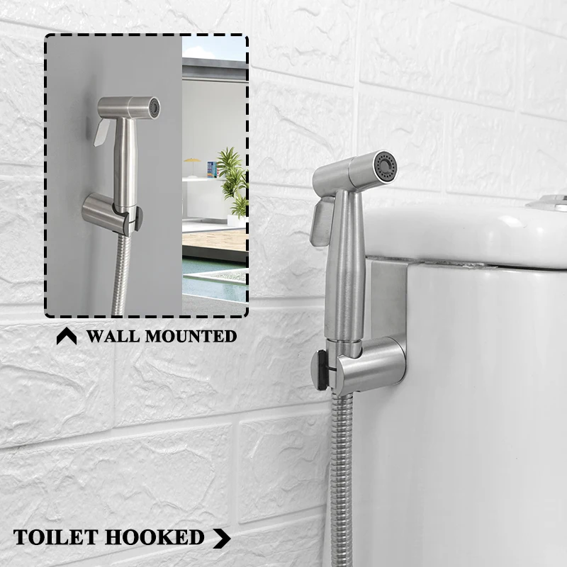 Toilet Bidet Sprayer Kit Hand Hold Stainless Steel Brushed Bidets for Bathroom Tank Hook Shattaf Valve Jet Portable Bidet Faucet