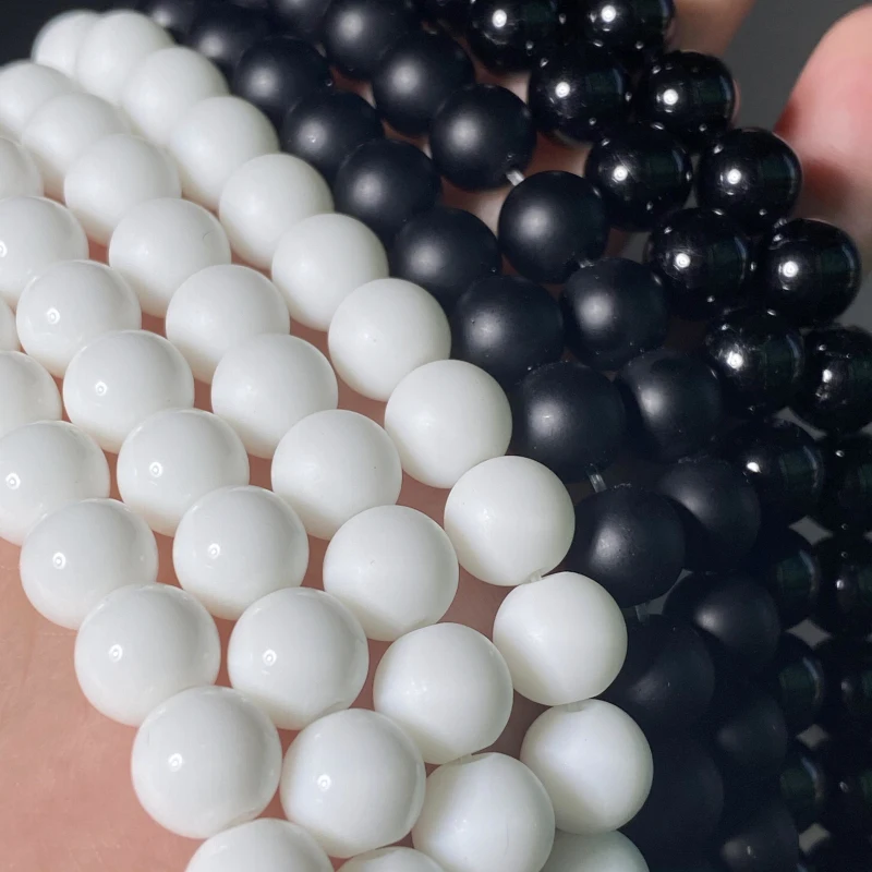 Wholesale Natural Stone White Black Agates Dull Polish Matte Onyx Beads Round Beads for Jewelry Making DIY Bracelets 4-12mm 15"