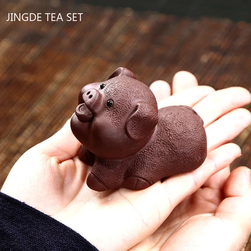 1PCS Yixing Purple Clay Tea Pet Ornaments Cute Piggy Statue Handmade Animal Tea Figurine Crafts Boutique Tea Set Decoration