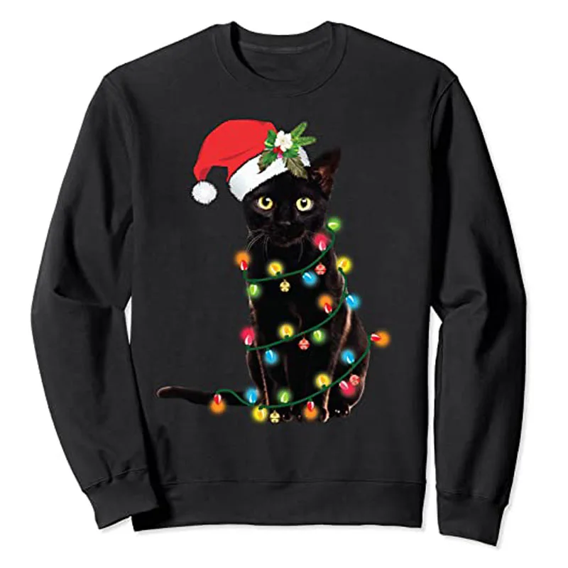 Black Cat Santa Tangled Up In Christmas Lights Sweatshirt Graphic Tee Tops